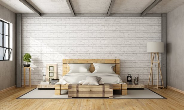 Wooden double bed in loft with brick wall and iron beams - 3D Rendering